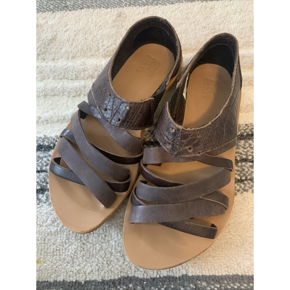 Sorel‎ Lake Shoe Sandals Women's 6M Brown Leather Slip On Strappy Open Toe.